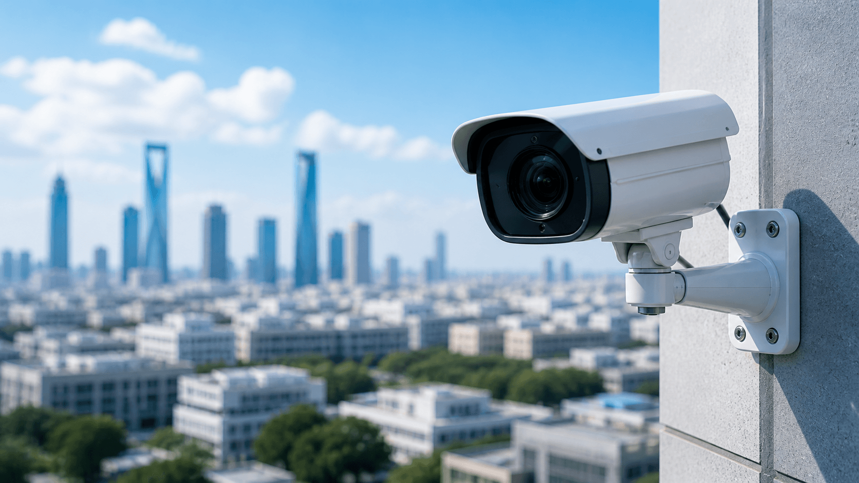 A bright security operations setting with analysts, camera hardware, and digital monitoring visuals.