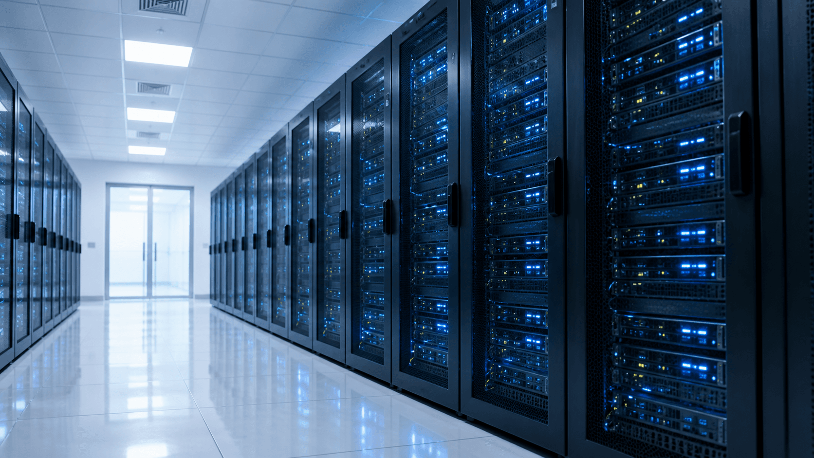 A modern data center with an engineer inspecting connected server infrastructure.