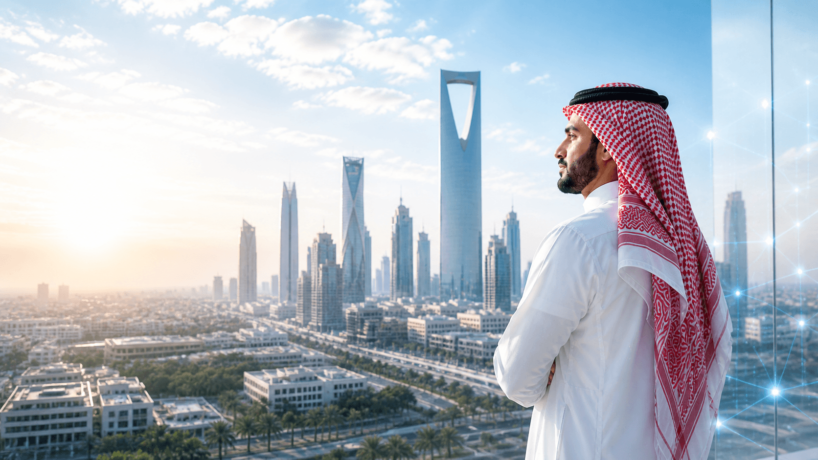 A Saudi technology leader looking across the Riyadh skyline from a bright office.